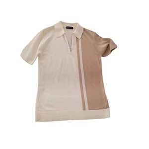boohooMAN Color Block Knit Polo Shirt Cream Tan Quarter Zip M